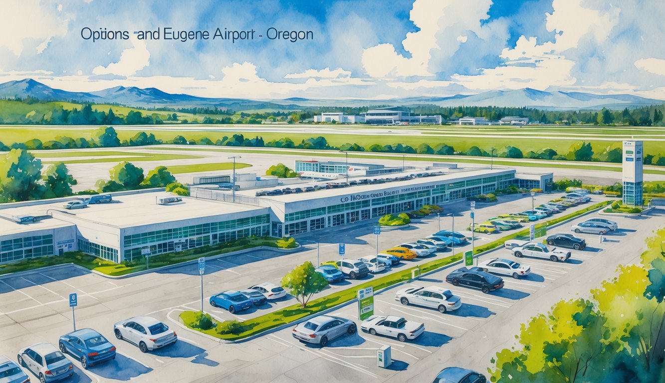 A parking lot at Eugene Airport showing different parking areas near the terminal with cars, shuttle buses, and an airport building in the background surrounded by trees and mountains.
