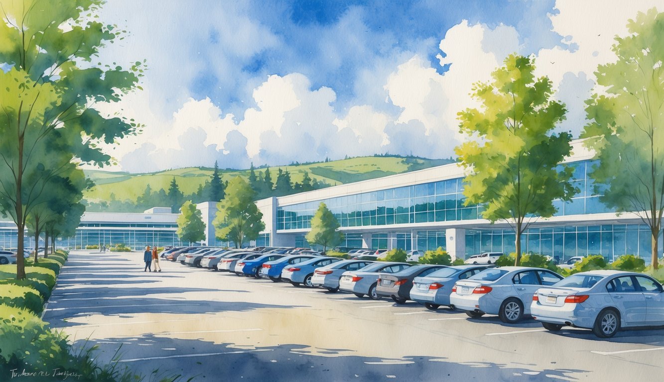 A parking lot near an airport terminal surrounded by trees and hills with cars parked and travelers walking nearby under a partly cloudy sky.