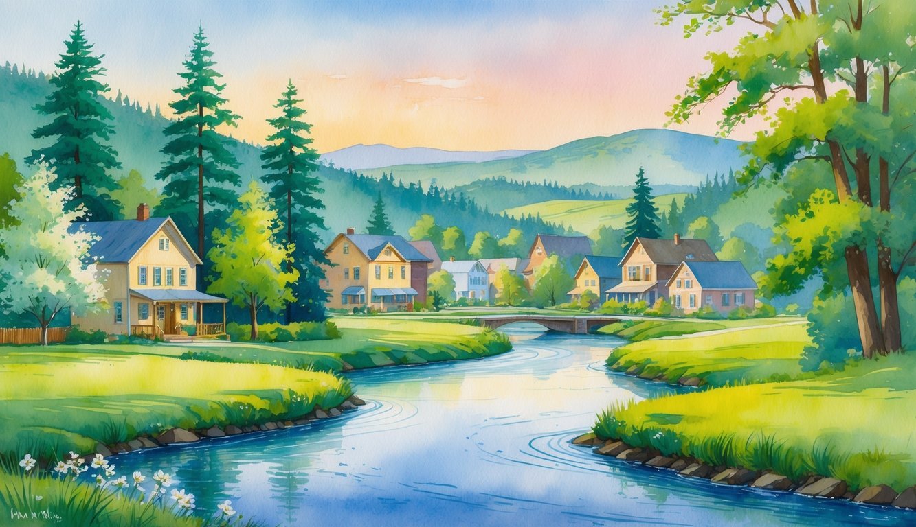 A peaceful landscape with trees, hills, a river, and a small town nestled among greenery.