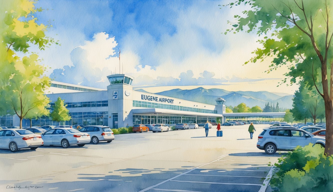 View of Eugene Airport terminal with cars parked in the lot and travelers walking toward the building, surrounded by trees and mountains in the background.