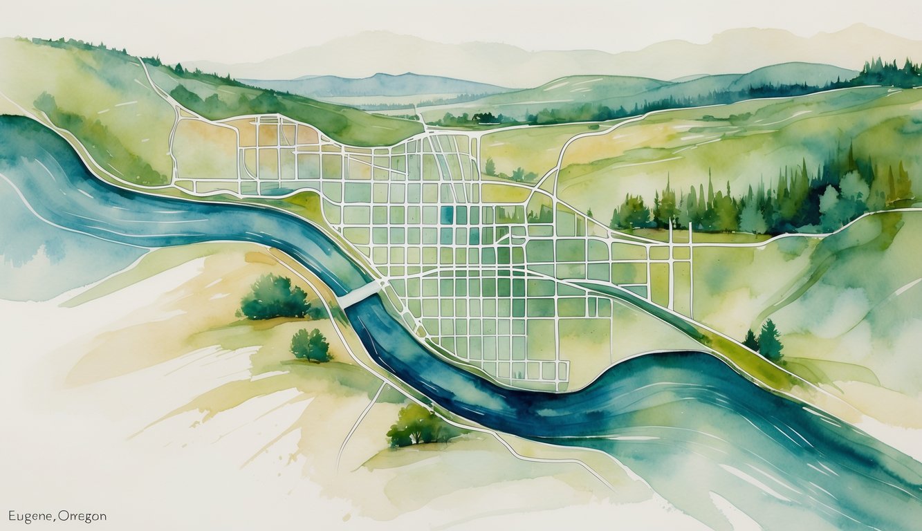 A colorful map of Eugene, Oregon, showing different neighborhoods and natural features like a river, trees, and hills.
