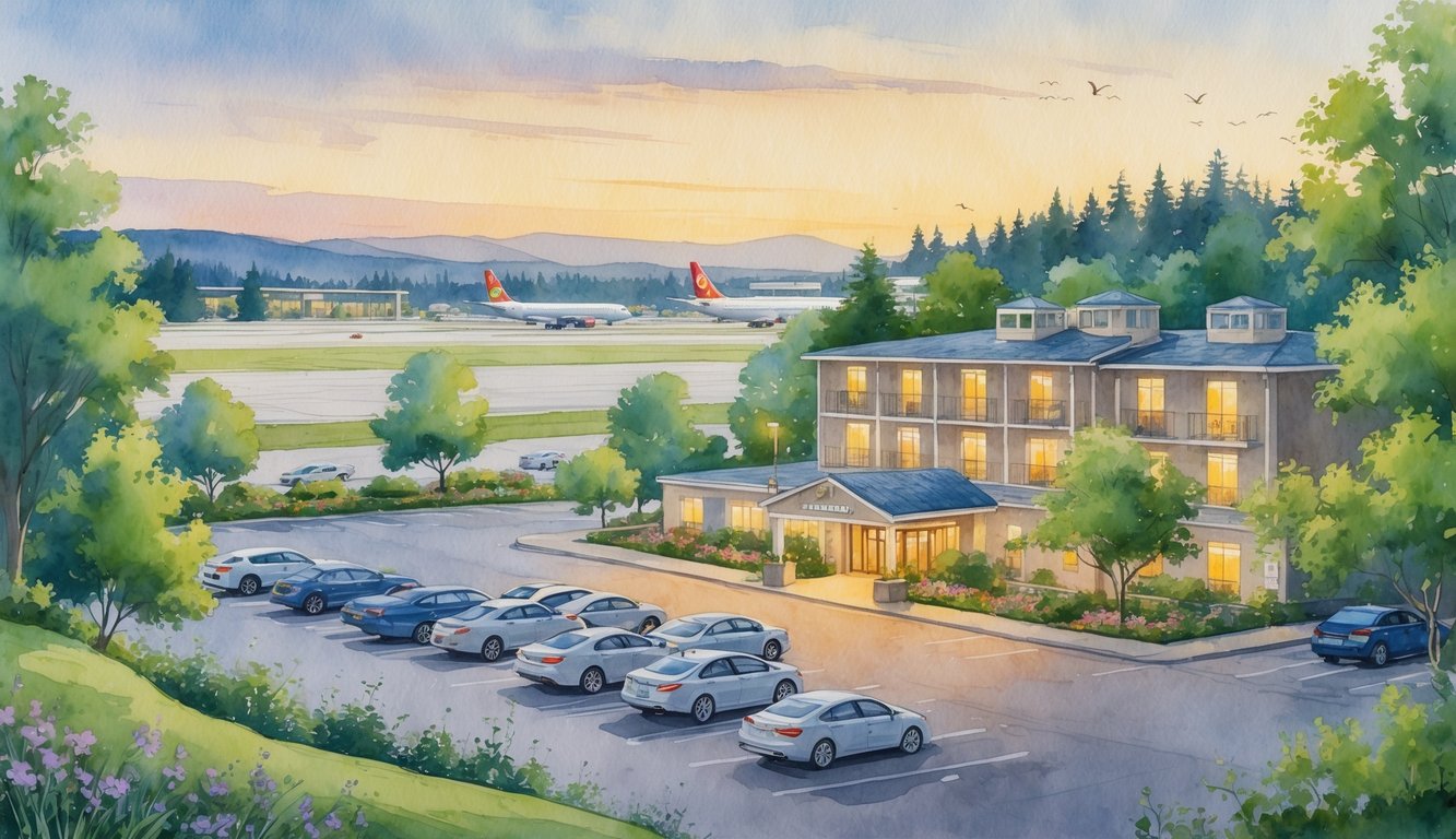 A peaceful scene showing a hotel near a parking lot with cars and the Eugene airport terminal with airplanes in the background surrounded by trees and hills.