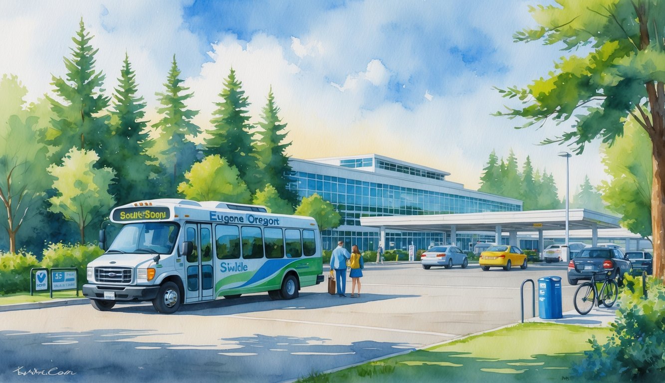 A scene showing an airport shuttle bus, taxi, rideshare car, bicycles, and parked cars near an airport terminal surrounded by trees.