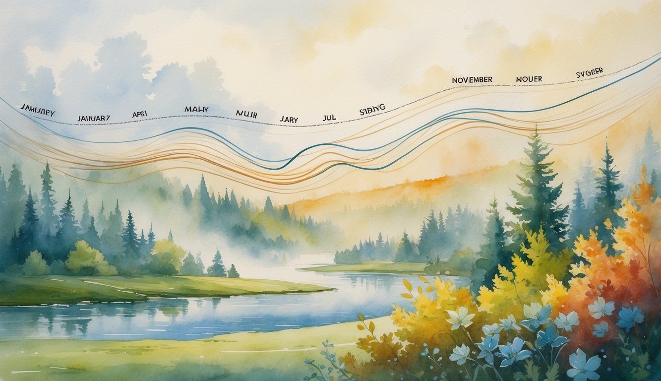 A peaceful landscape showing seasonal changes throughout the year with trees, hills, and a river, representing temperature variations across months.