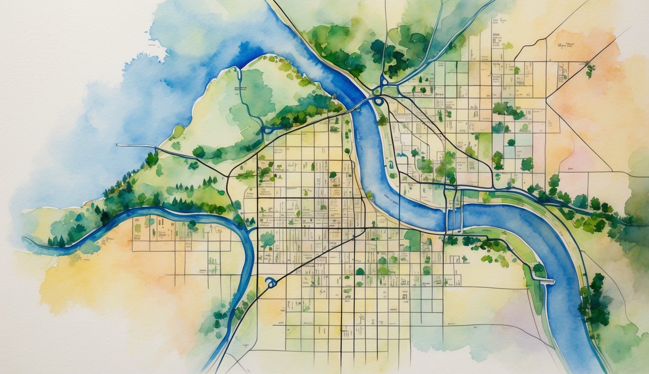 A colorful map of Eugene, Oregon, showing neighborhoods separated by soft boundaries with a river and green parks.