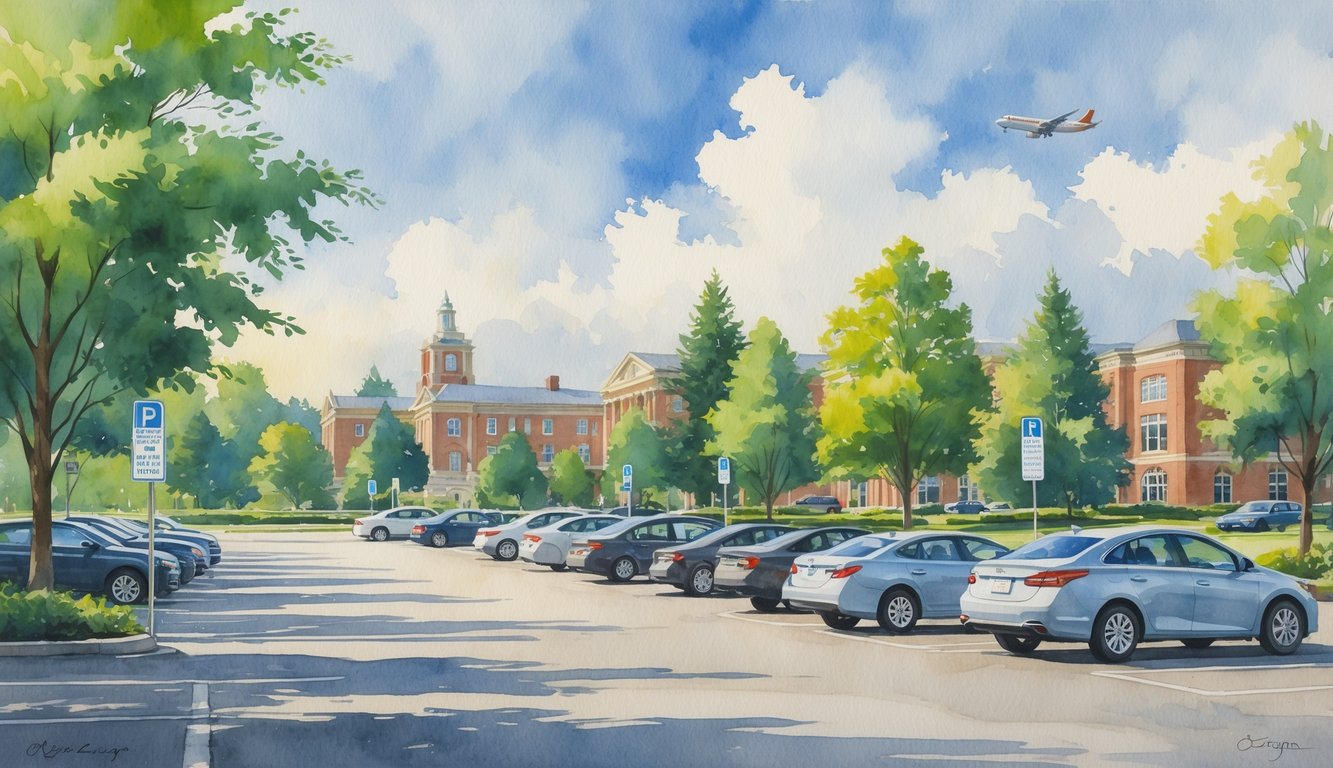 A parking lot near university buildings with cars parked and trees around, and an airport with a plane taking off in the background.