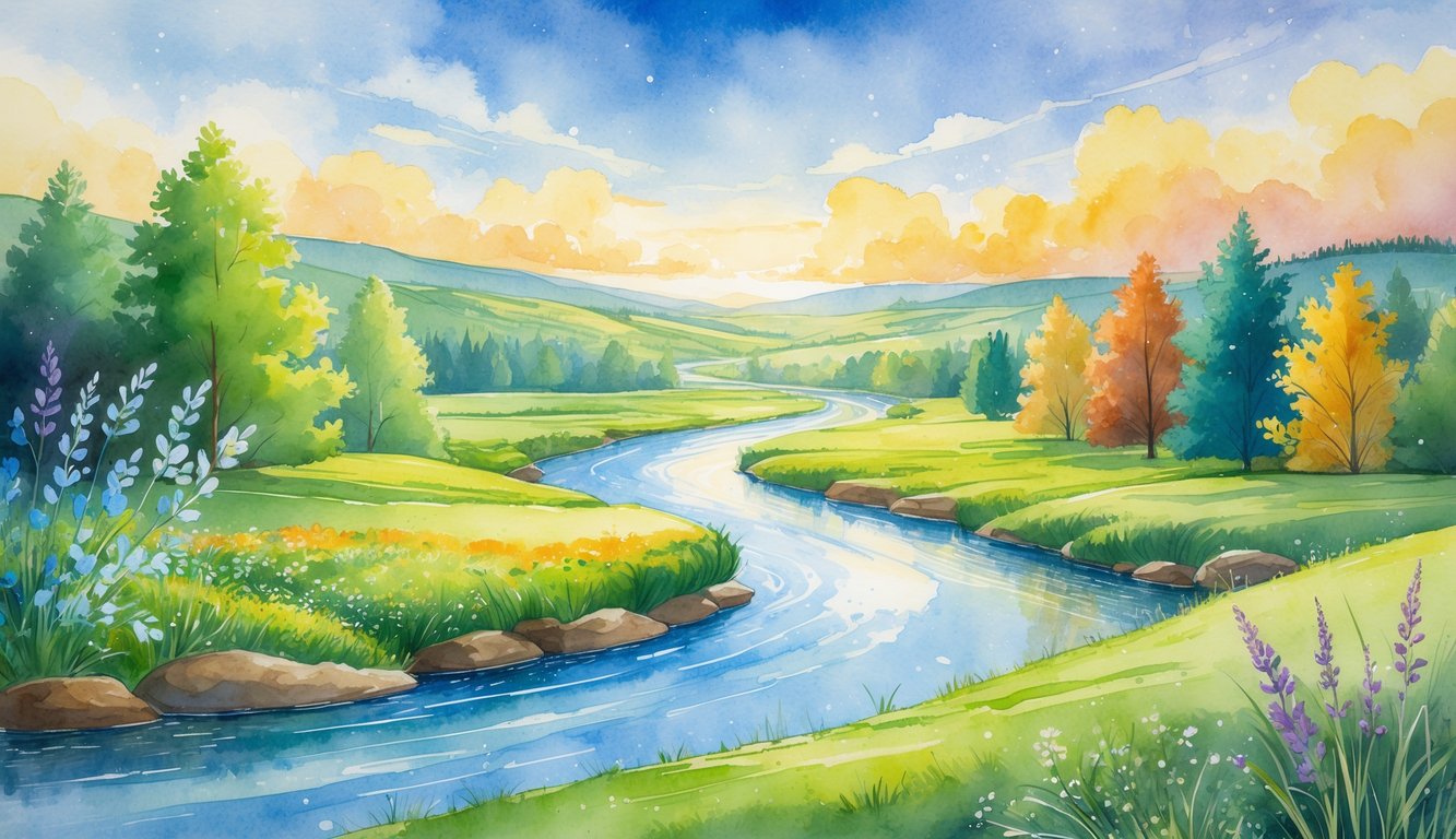 A peaceful river flowing through green hills and trees with seasonal changes shown by flowers, sunlight, autumn leaves, and snowflakes.