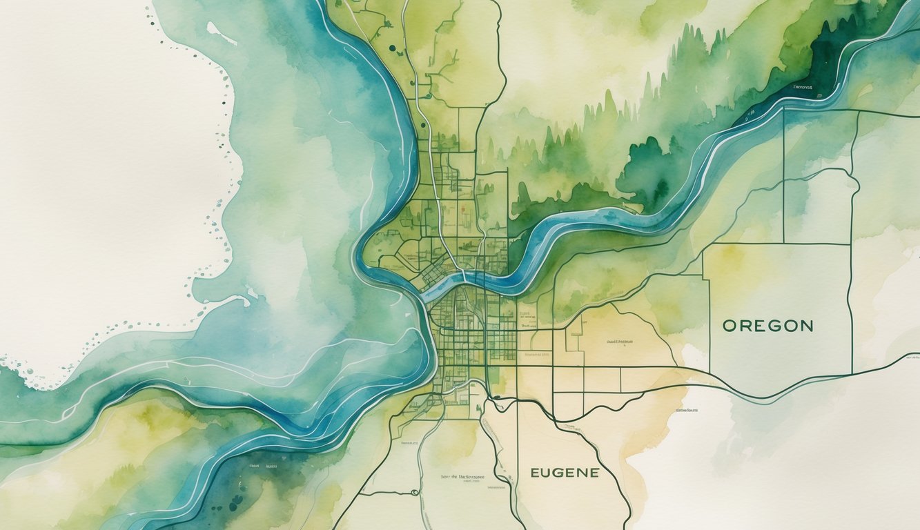 A watercolor map showing Eugene, Oregon, and nearby areas with softly blended colors and outlined regions representing different zones.