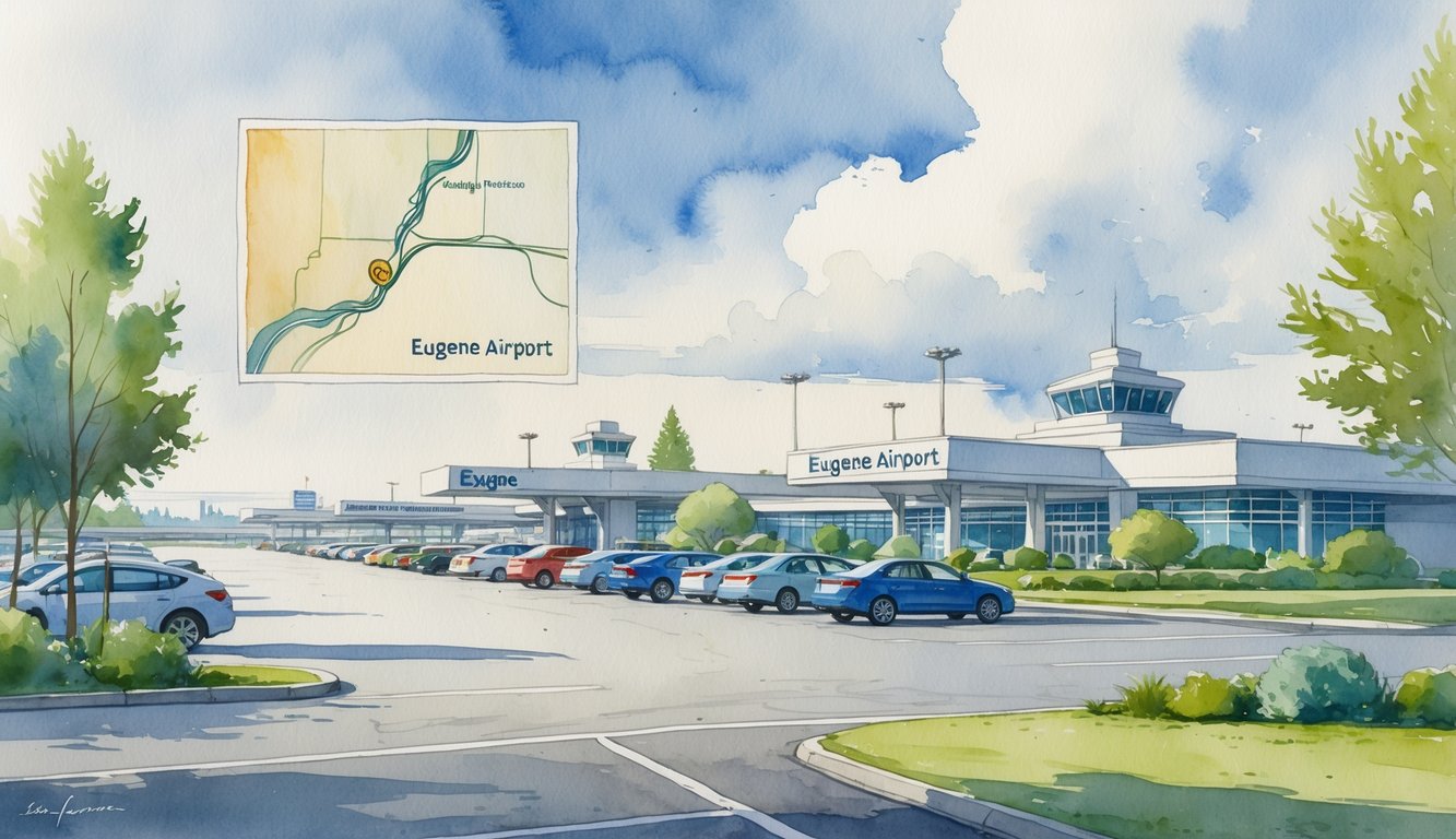 A peaceful airport parking lot near a terminal surrounded by trees, with faint outlines of other airport terminals and parking areas in the background.