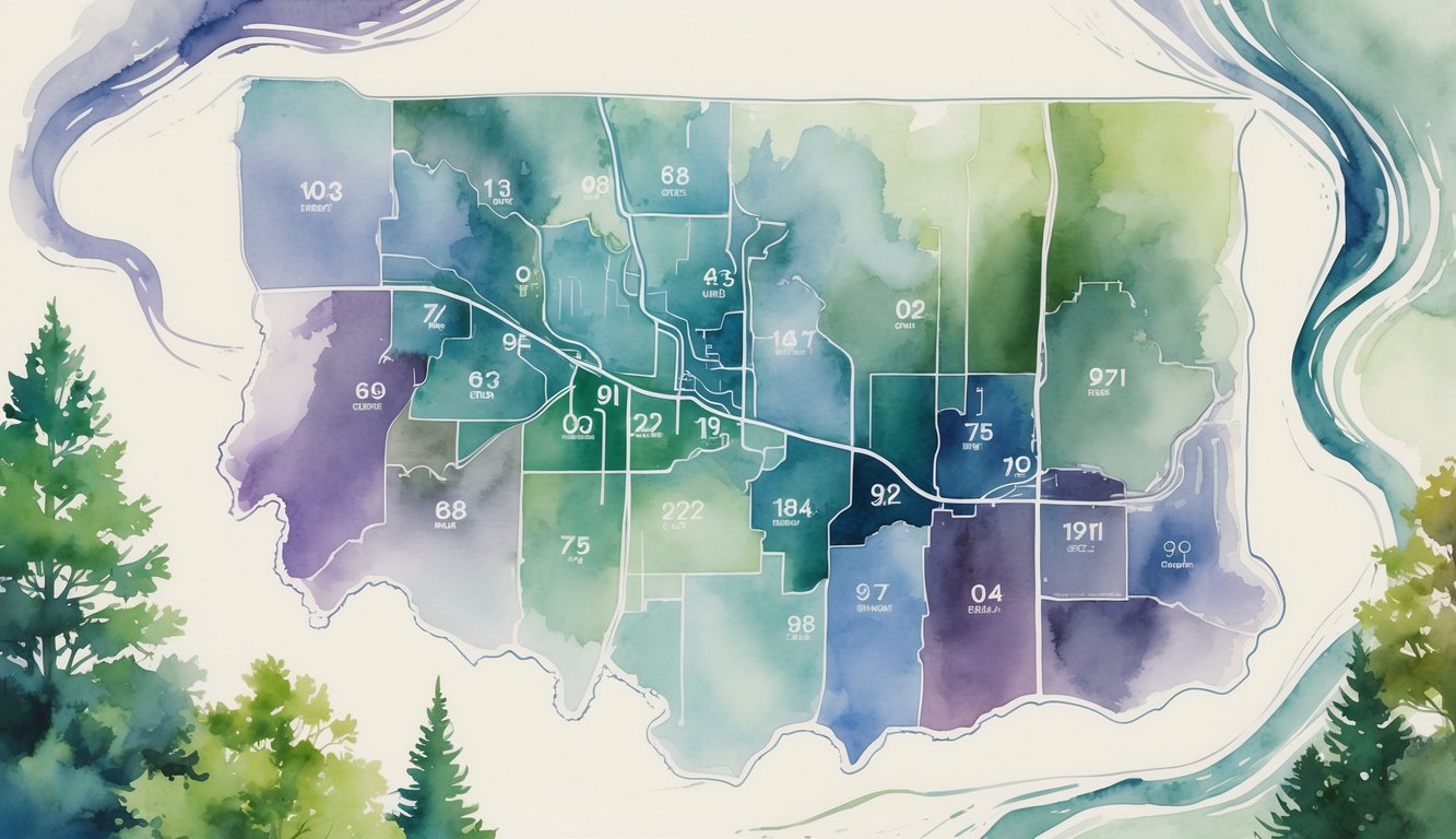 A colorful map showing different areas within Eugene, Oregon, surrounded by trees, rivers, and hills.