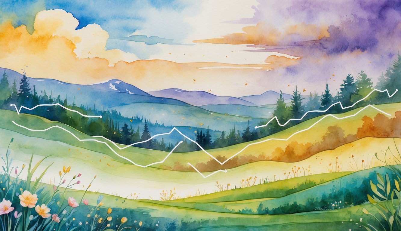 A peaceful landscape with rolling hills and trees showing seasonal changes through colors representing temperature variations across the year.