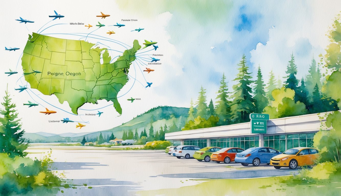 A watercolor scene showing a map of Eugene, Oregon with flight routes to various destinations, alongside a small parking lot near an airport surrounded by trees and hills.