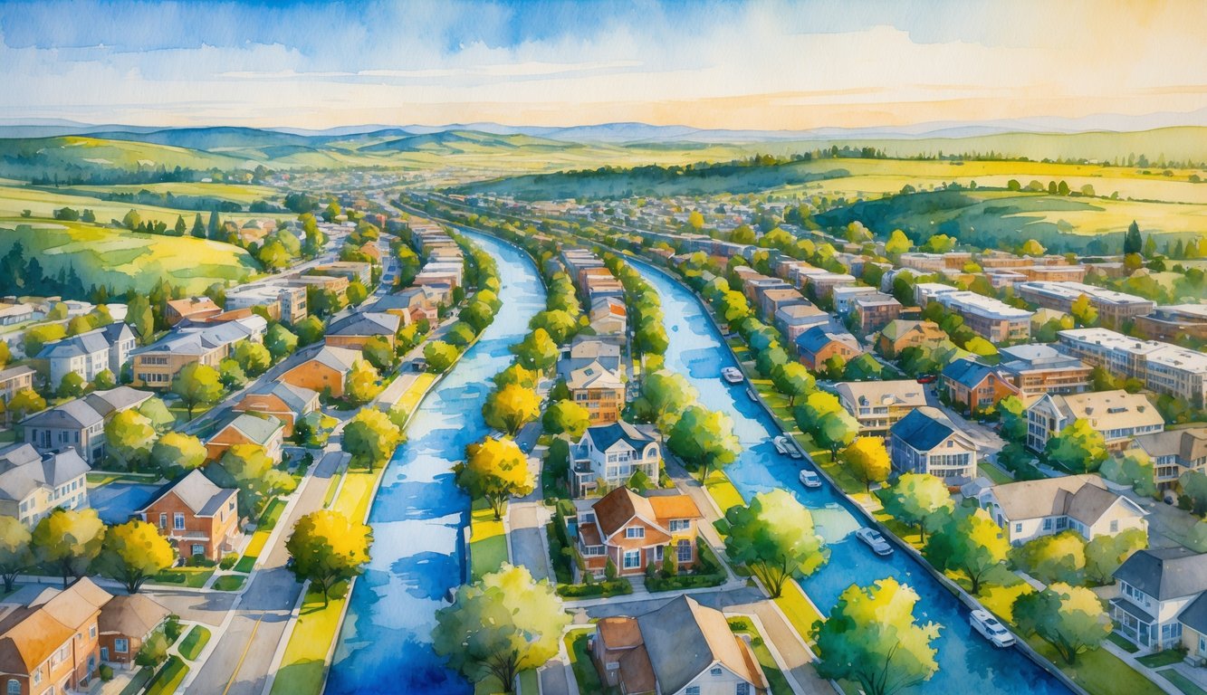 A colorful aerial view of Eugene, Oregon, showing neighborhoods with houses, trees, a river, and surrounding hills.