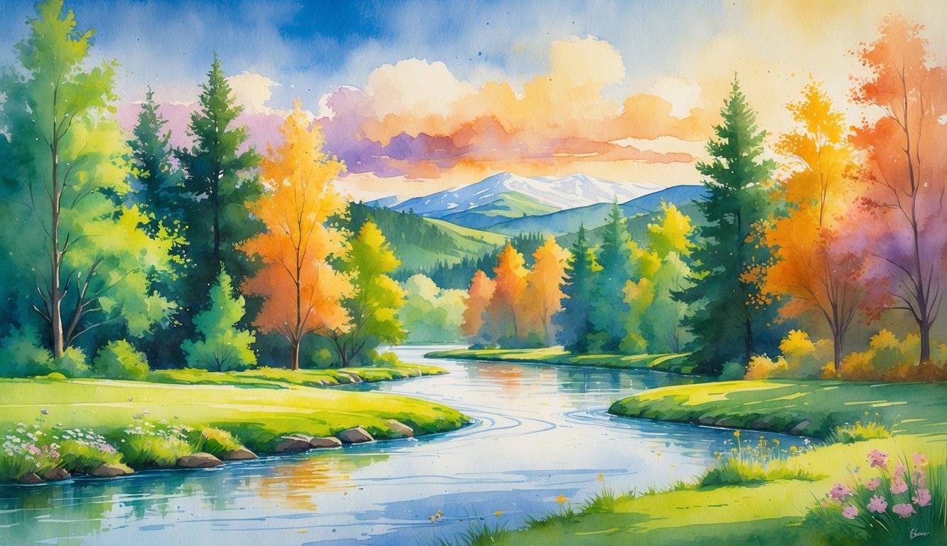 A natural landscape showing a river, trees, hills, and mountains transitioning through the four seasons with flowers, green leaves, autumn colors, and snow.