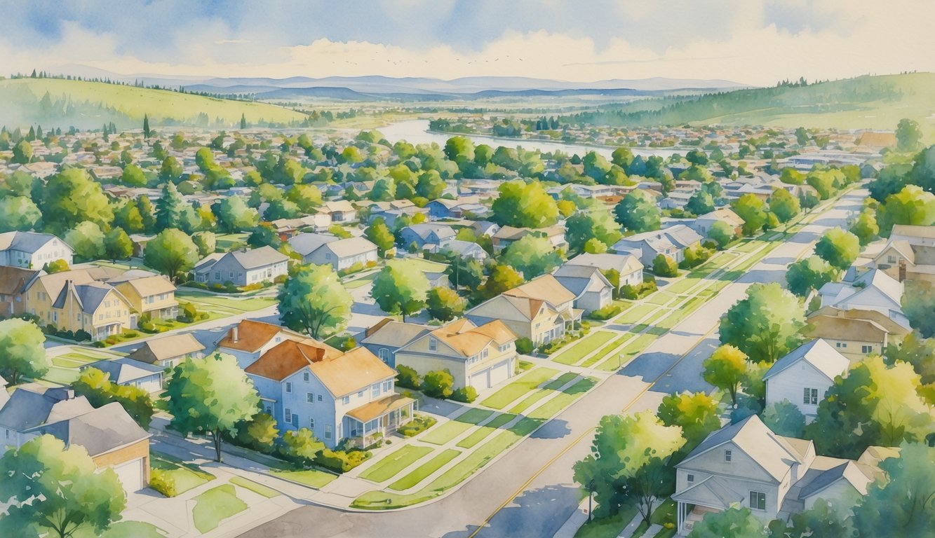 A peaceful aerial view of Eugene, Oregon, showing houses, streets, trees, a river, and hills in the distance.