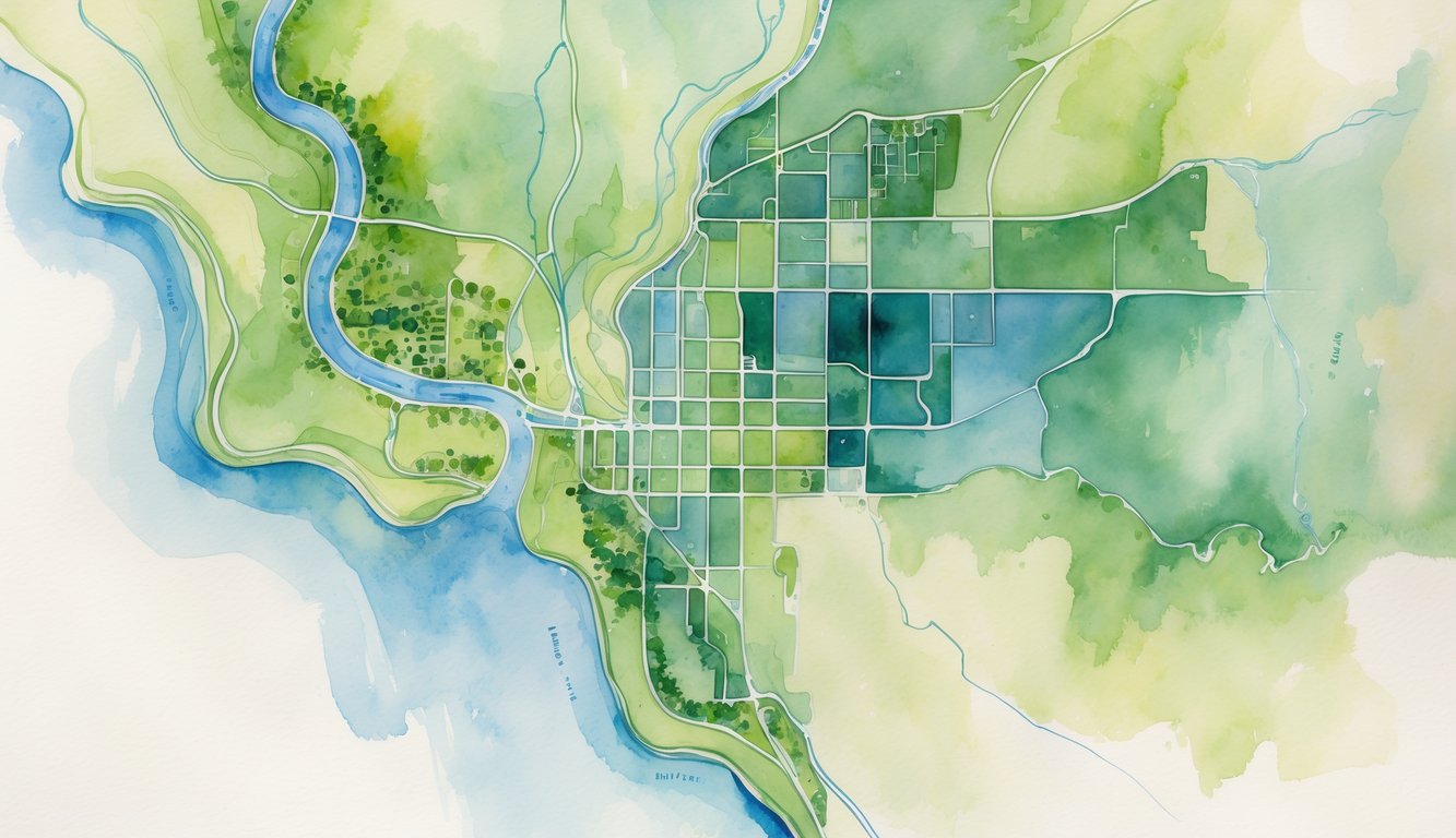 A watercolor map showing the city of Eugene, Oregon, with its different zip code areas outlined and surrounded by natural features like rivers, parks, and hills.