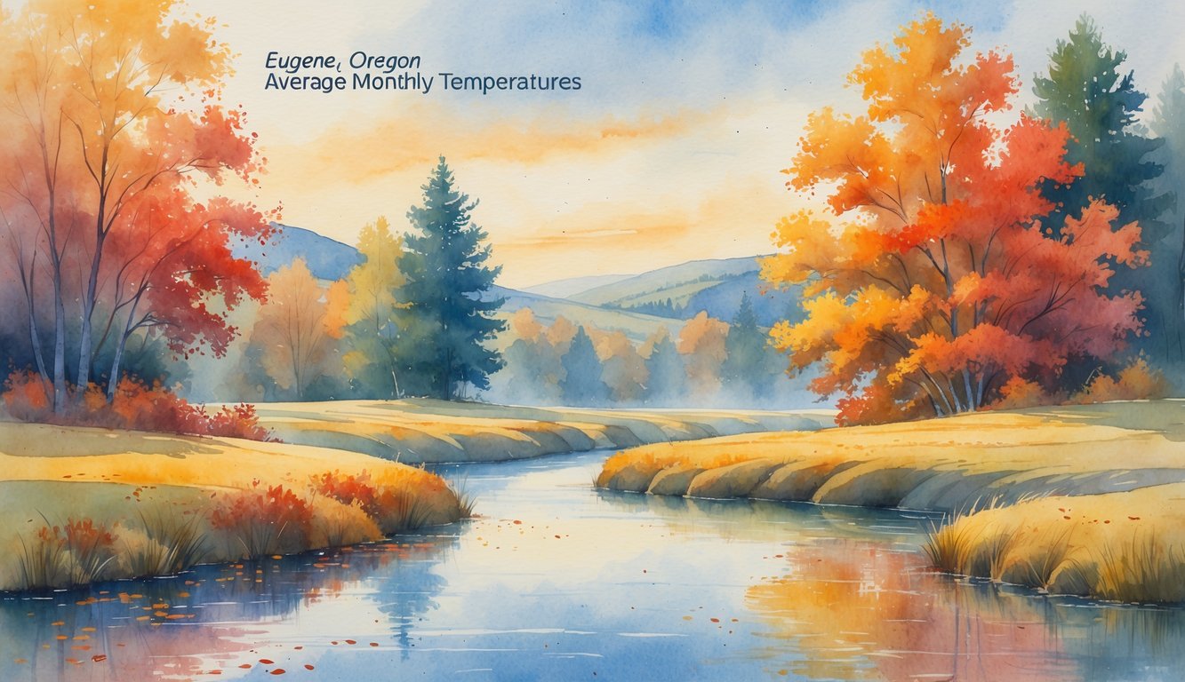 A peaceful autumn landscape with colorful trees, a flowing river, and rolling hills under a soft sky.