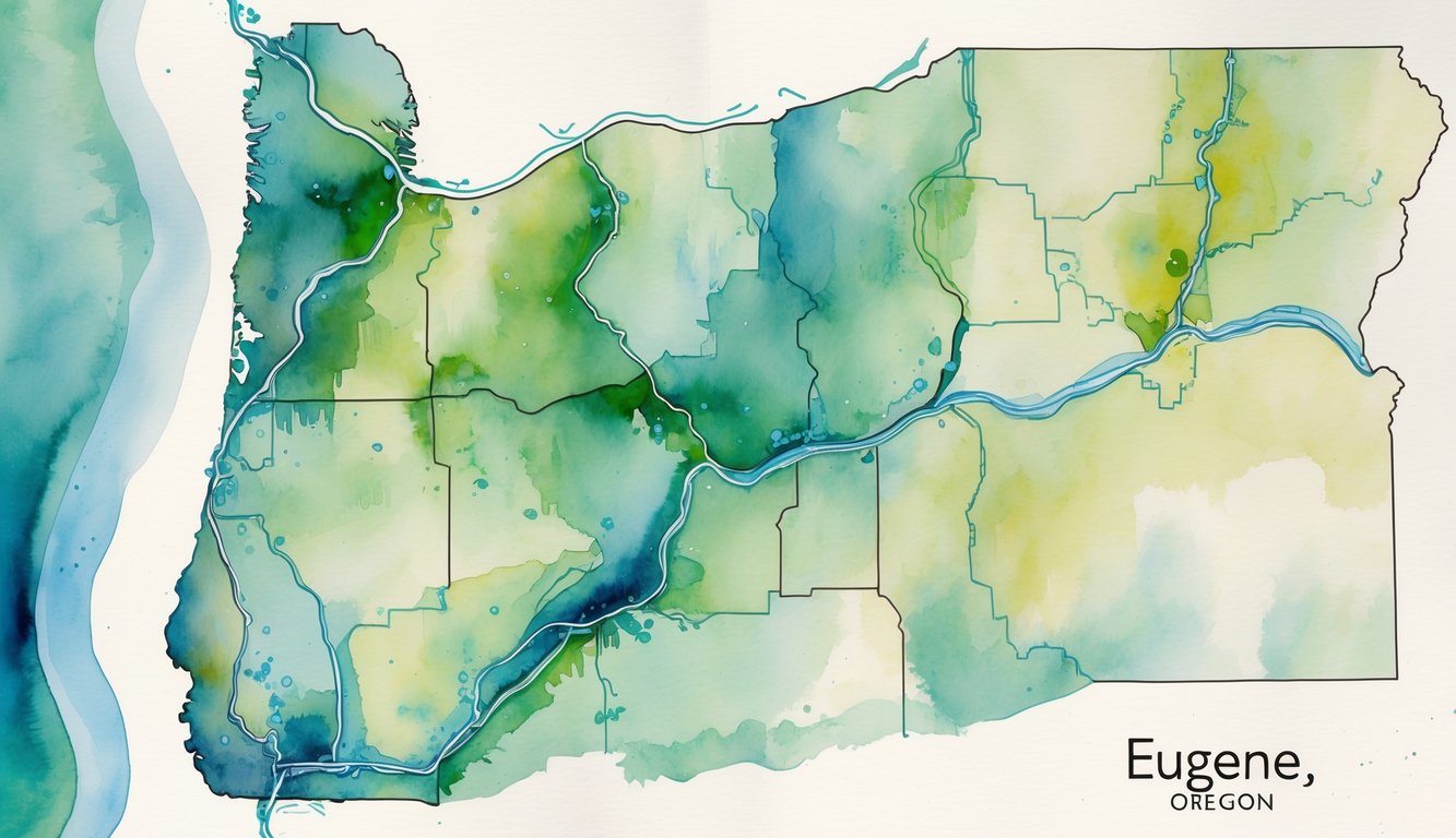 A watercolor map showing the city of Eugene within Oregon, with different areas of Eugene distinguished by soft color variations and natural landscape features around it.