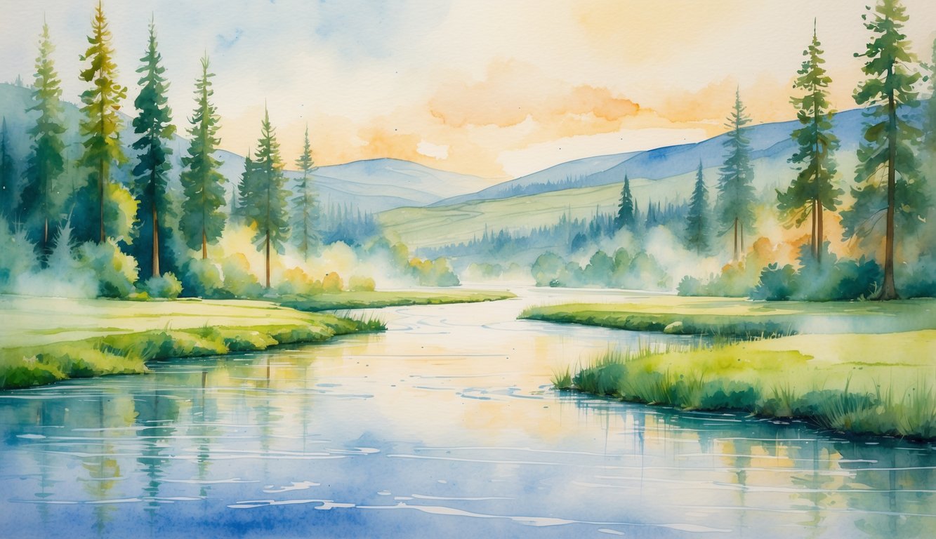A peaceful river scene with trees and hills in the background, showing seasonal changes with soft colors and mist above the water.