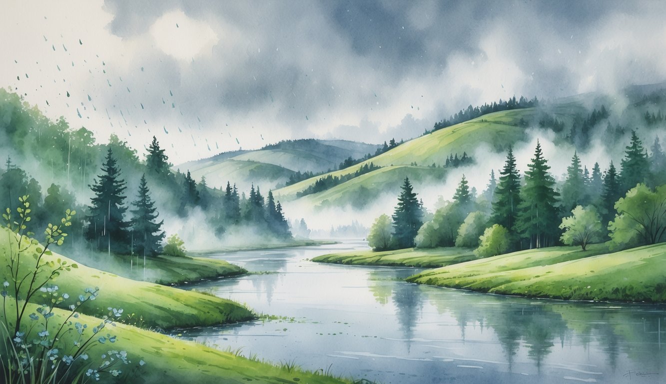 A misty landscape with green hills, trees, light rain, and fog over a calm river.