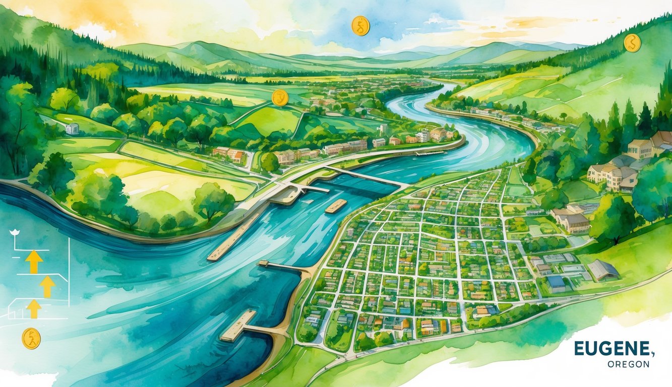 A colorful map of Eugene, Oregon with different neighborhoods and natural features, surrounded by abstract shapes representing money and growth.