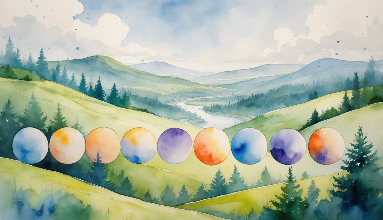 A peaceful natural landscape with hills, forests, and a river, showing twelve colored circles arranged in a gentle arc to represent changing temperatures across months.