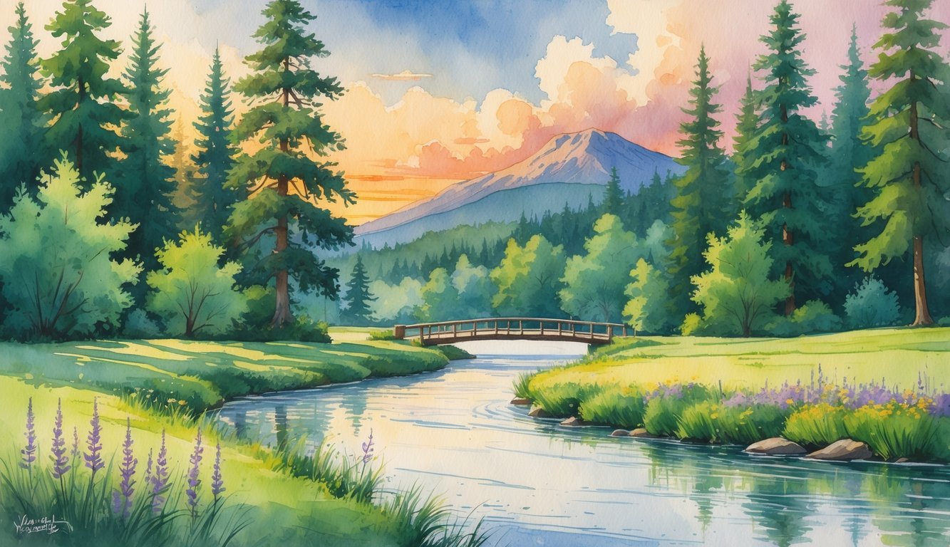 A peaceful river flowing through a forest with mountains in the background and a wooden bridge crossing the river.