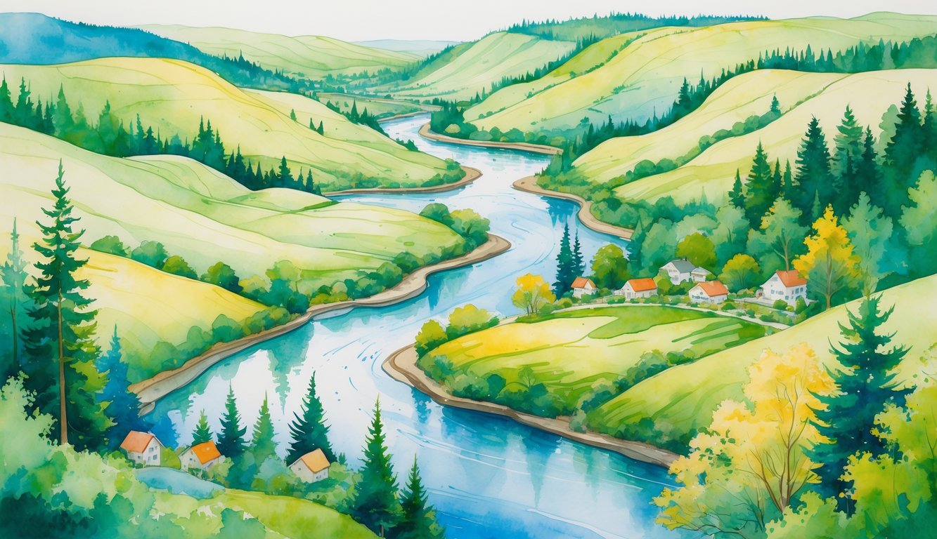 A colorful map showing hills, rivers, trees, and small buildings around Eugene, Oregon, with areas shaded to represent different temperatures throughout the year.