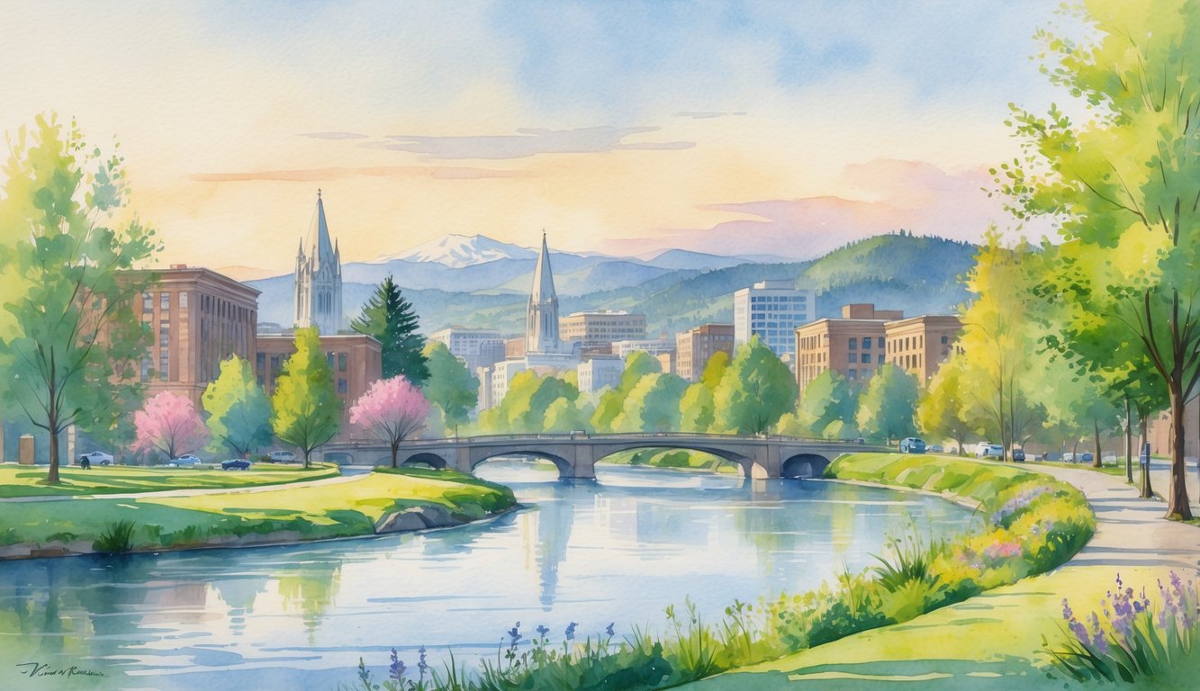 A peaceful view of a river with trees and flowers along the banks, hills and a city skyline in the background under a soft sunrise sky.