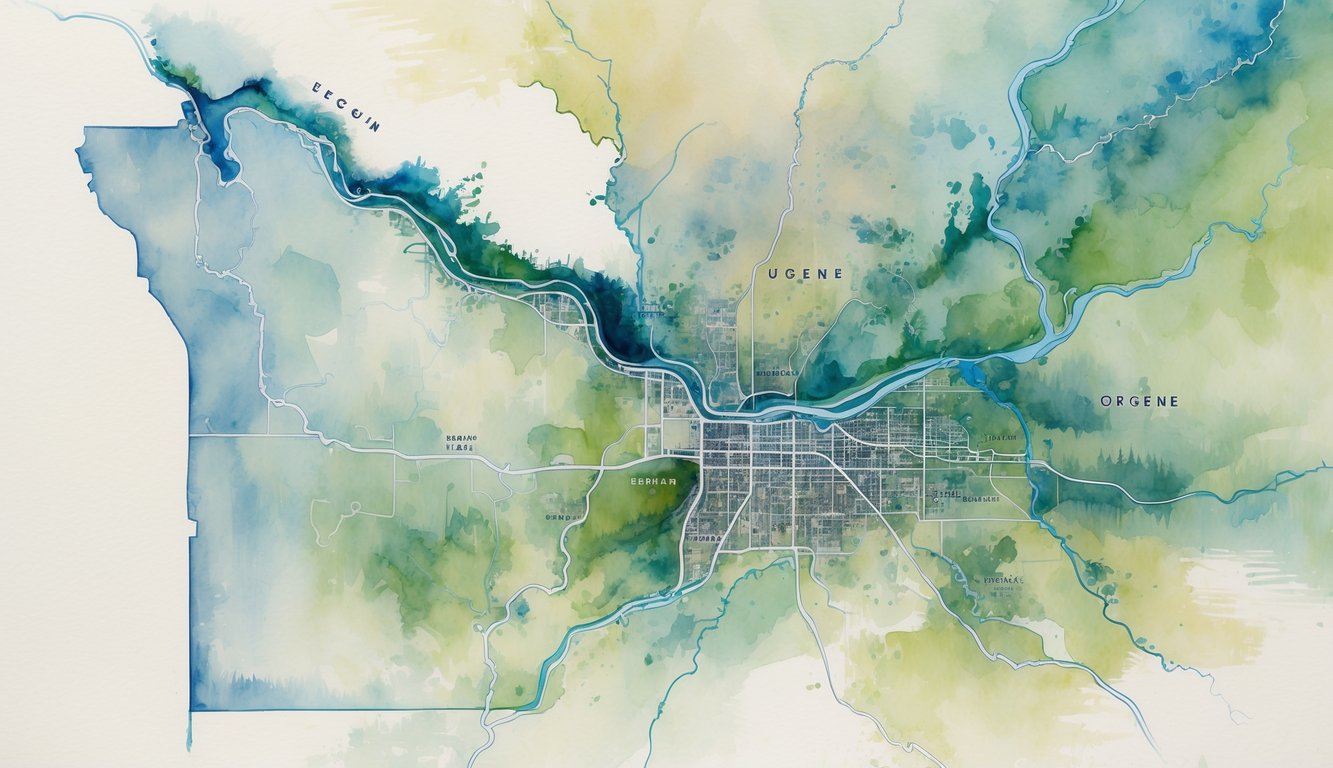 A watercolor map showing the geographic area covered by the Eugene, Oregon area code, with natural features like rivers, hills, and forests surrounding the city.