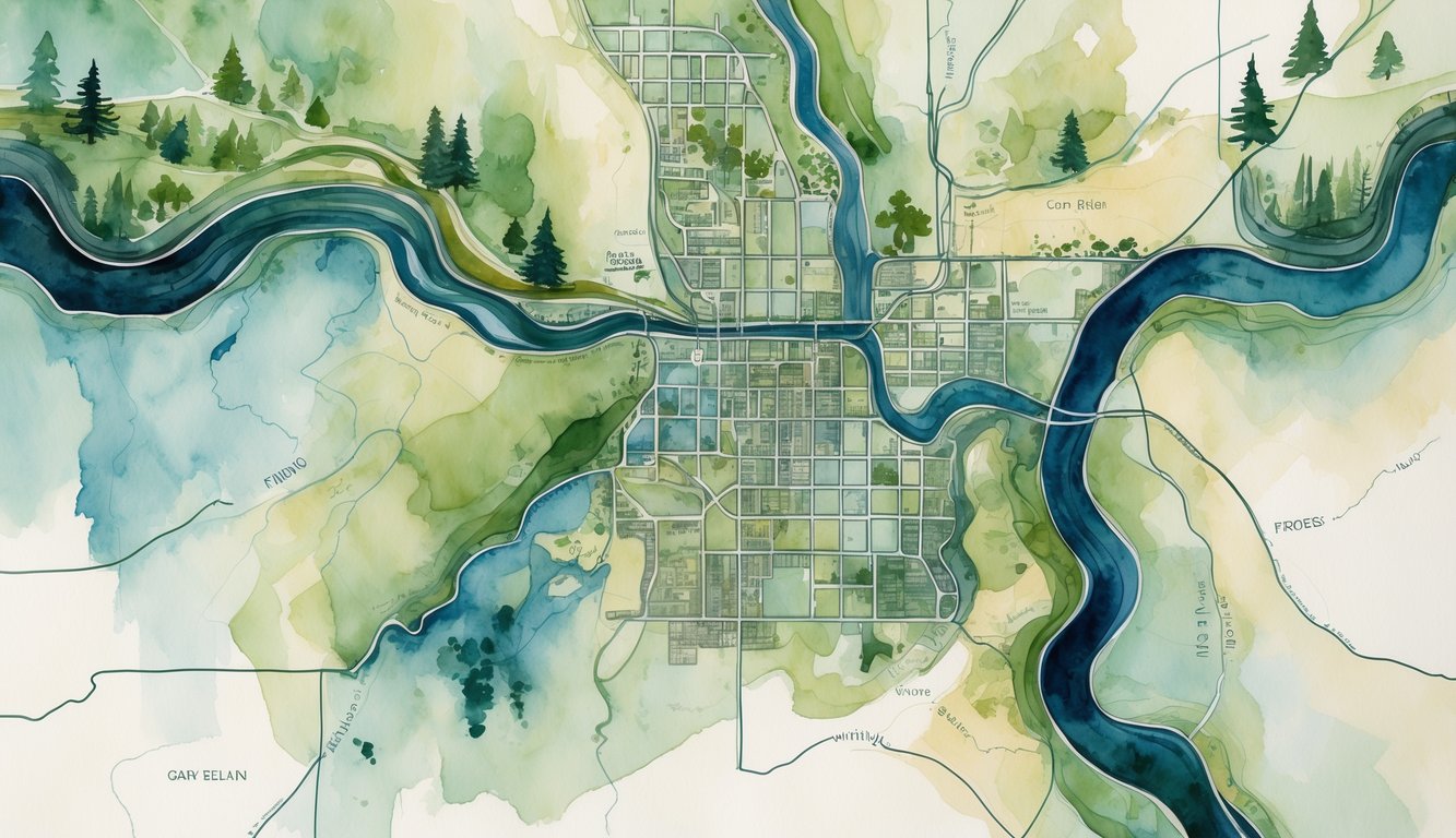 A watercolor painting of a map showing natural landscapes and urban areas in the Eugene, Oregon region with rivers, trees, and zoning boundaries.