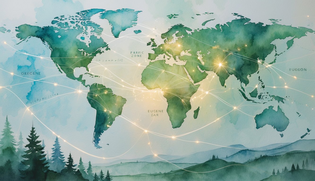 A watercolor scene showing a map with Eugene, Oregon highlighted and glowing lines representing phone connections spreading out, surrounded by trees and hills.