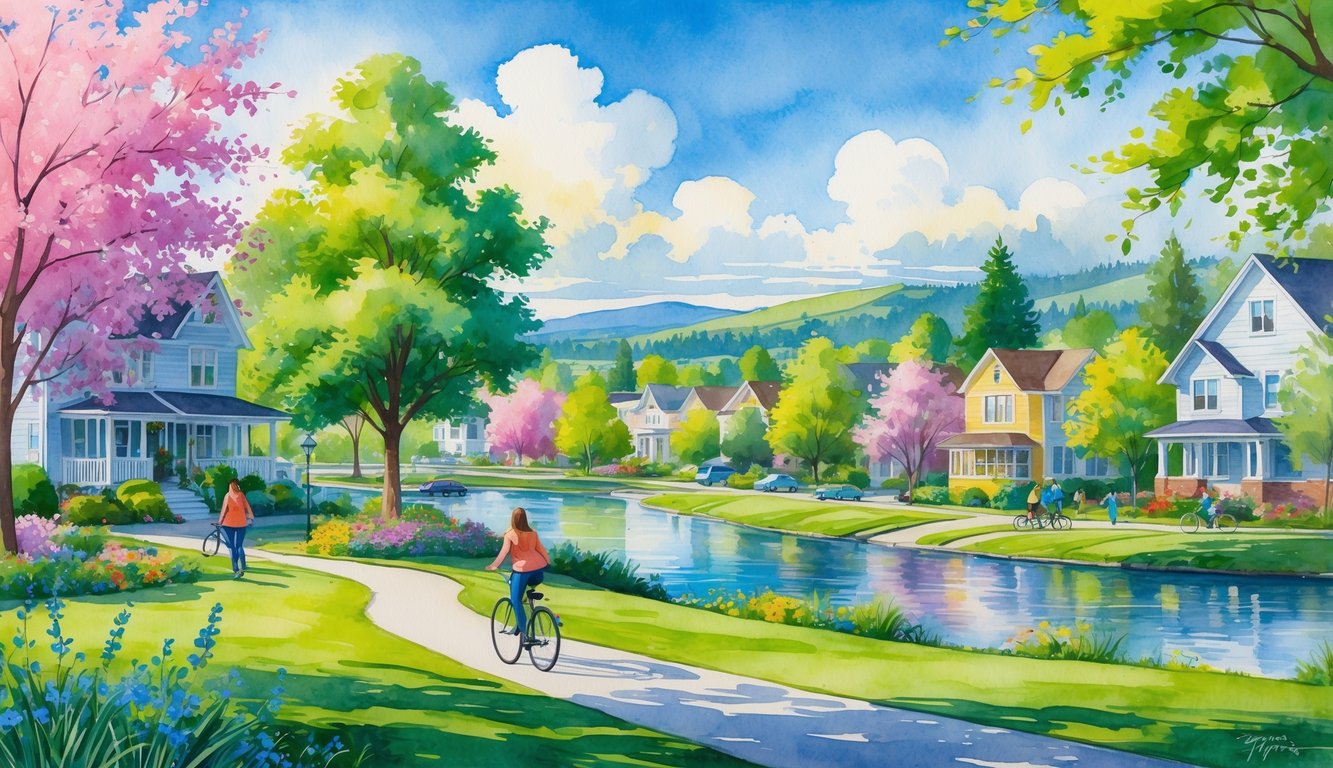 A peaceful neighborhood with houses, flowering trees, a park with people walking and biking, and a calm river surrounded by hills.