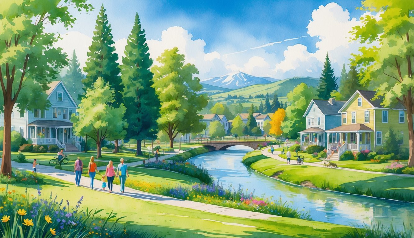 A peaceful neighborhood with green parks, trees, hills, a river, and people enjoying outdoor activities in a scenic natural setting.