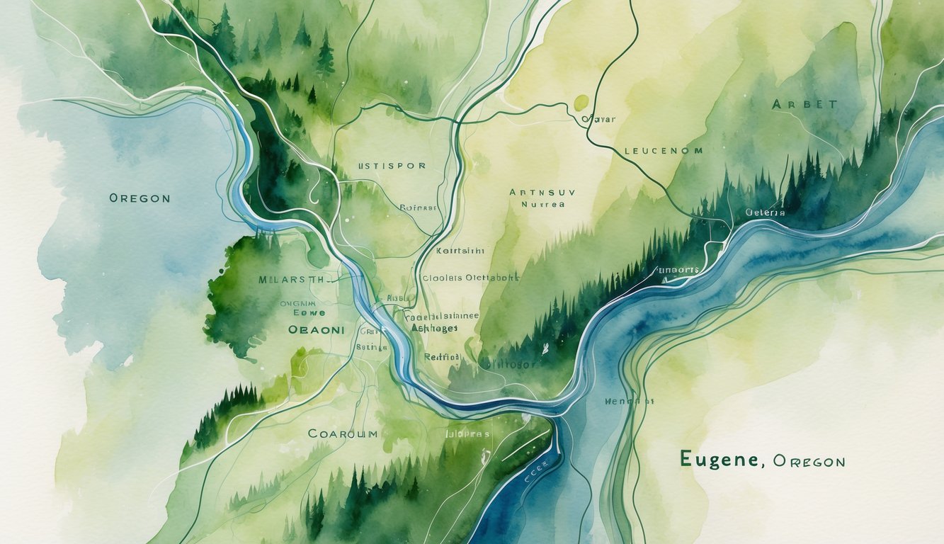 A peaceful map showing Eugene, Oregon and nearby towns surrounded by forests and rivers.