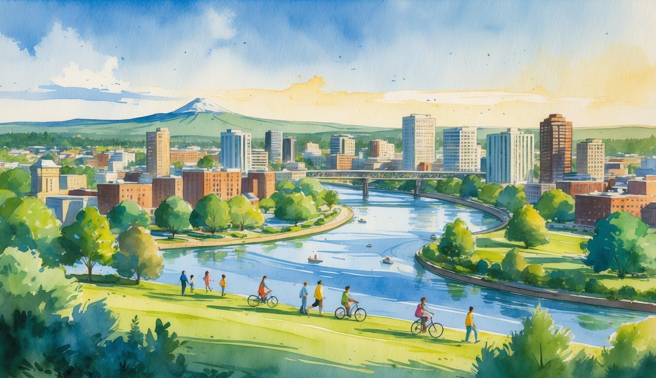 A colorful cityscape of Eugene, Oregon, showing parks, the Willamette River, buildings, and people engaging in outdoor activities with mountains in the background.