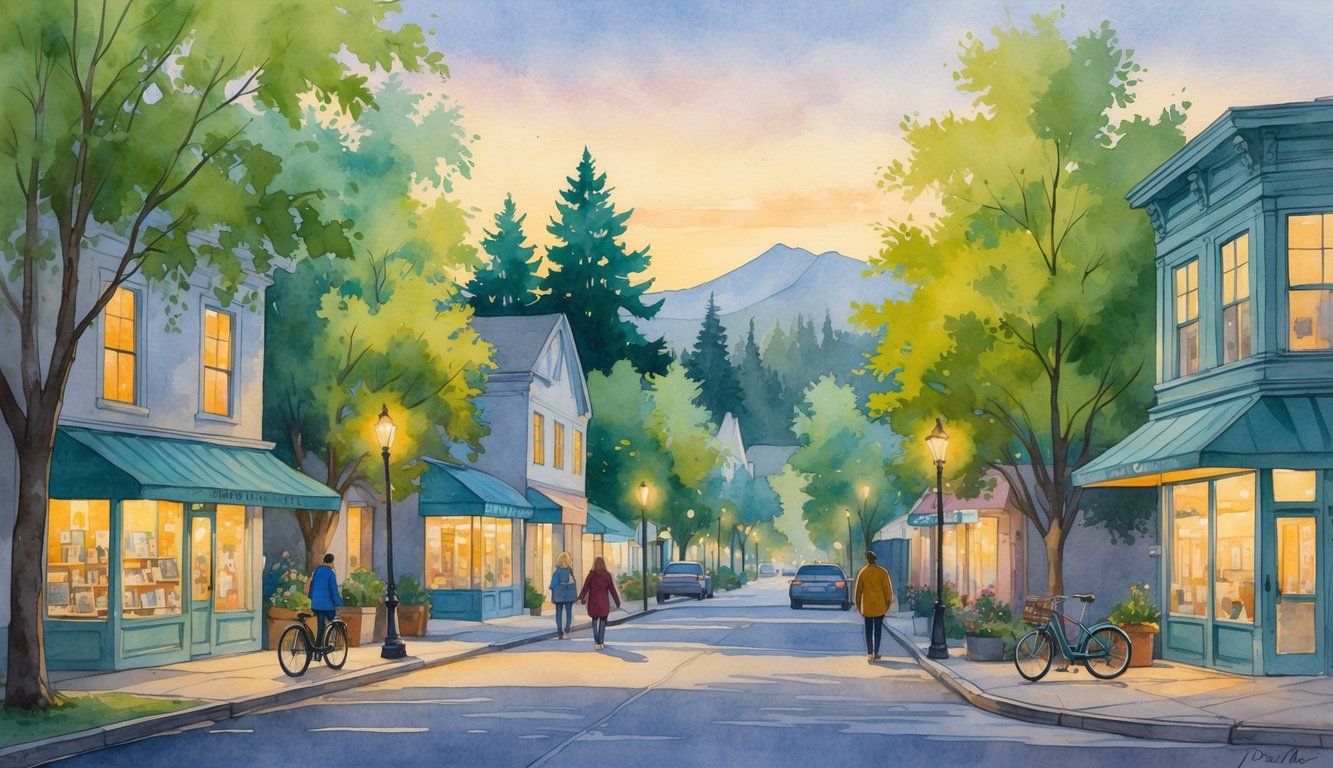 A calm street in Eugene, Oregon, with trees, shops, and people walking peacefully in the early evening.
