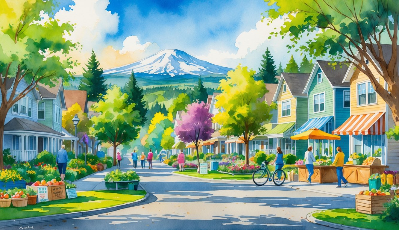 A peaceful neighborhood with houses, green lawns, people walking and biking, a farmer's market, and mountains in the background.