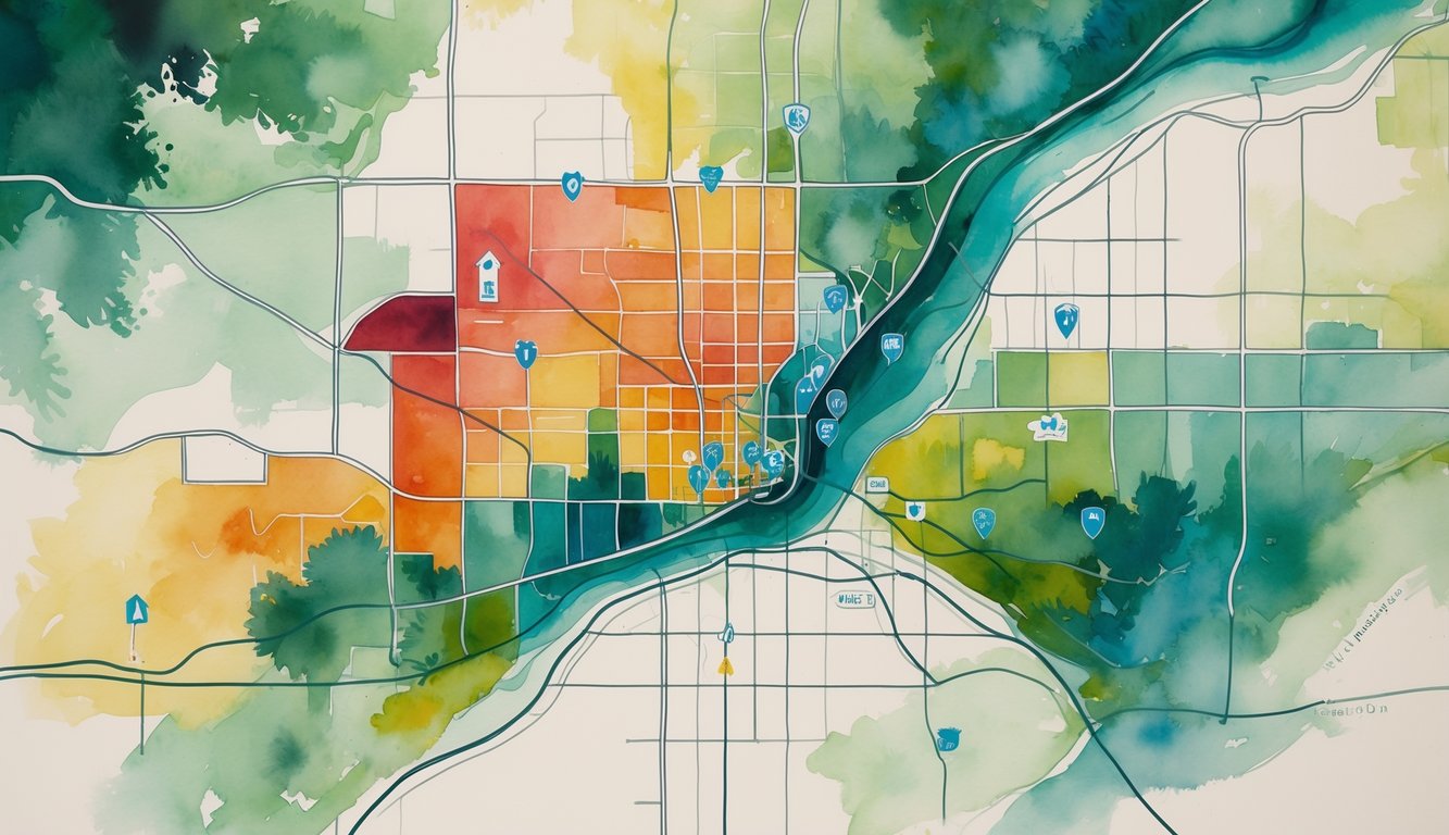 A colorful map of Eugene, Oregon showing different neighborhoods with varying colors indicating crime levels, surrounded by natural elements like trees and rivers.