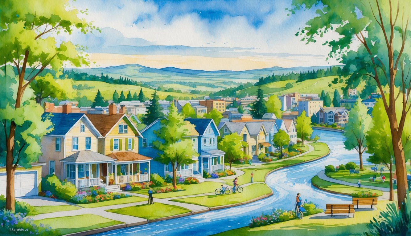 A peaceful neighborhood with houses, trees, hills, a river, and people enjoying outdoor activities.