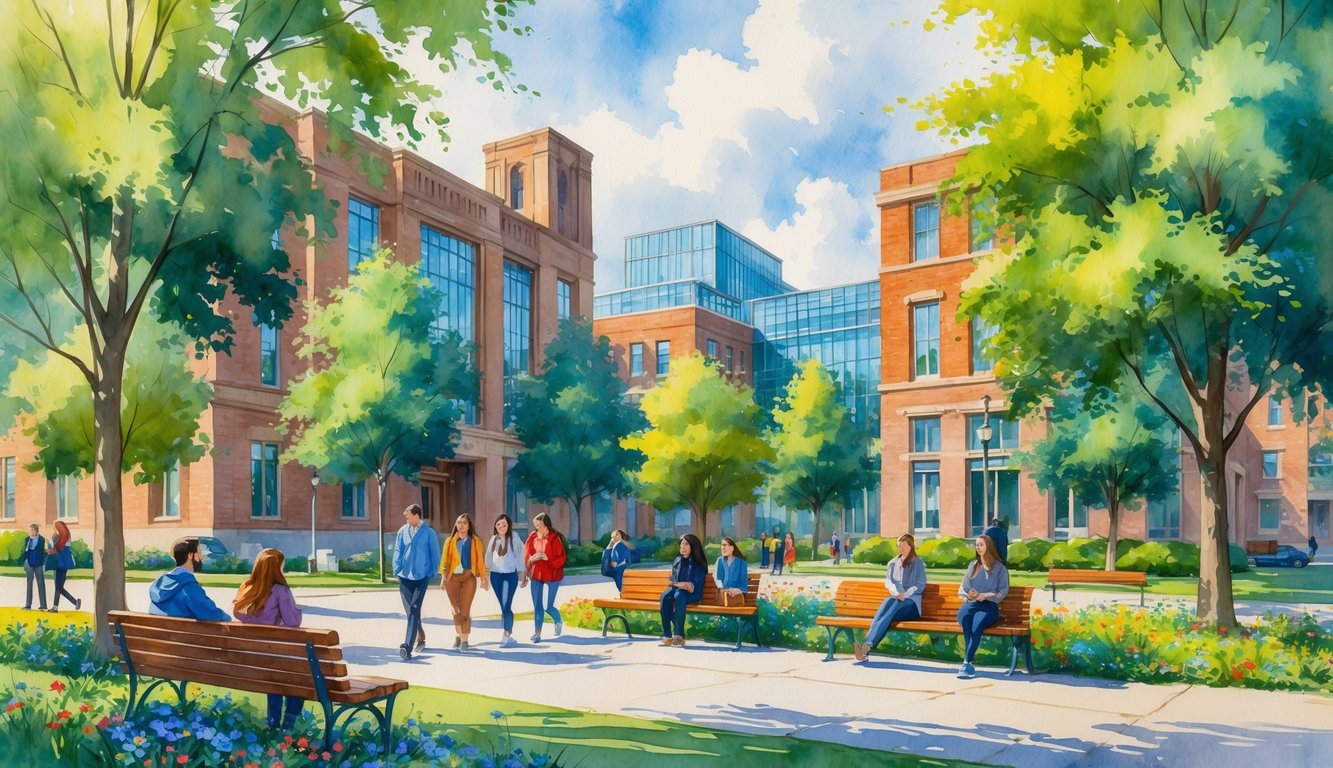 A group of students walking and sitting near university buildings surrounded by trees and flowers on a sunny day.