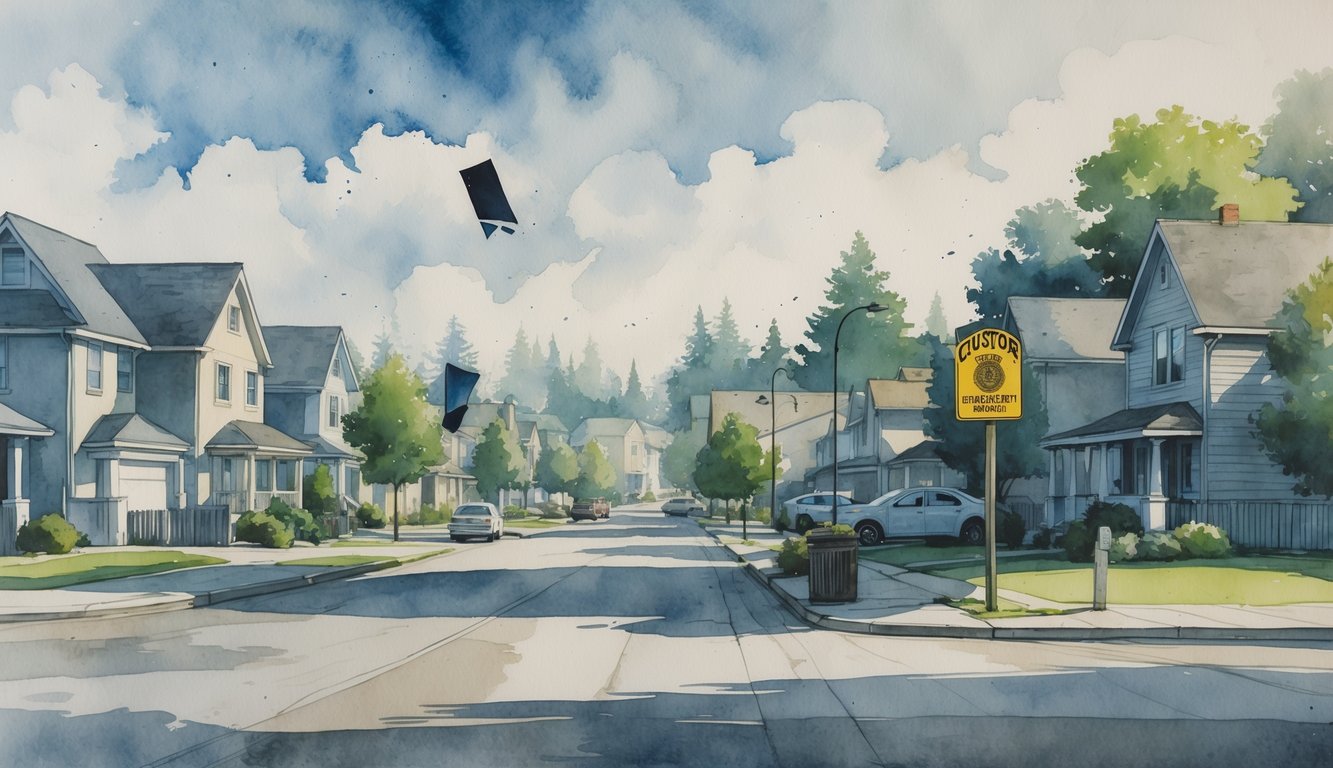 A cityscape of Eugene, Oregon, showing houses, streets, and parks with subtle symbols representing different types of crimes.