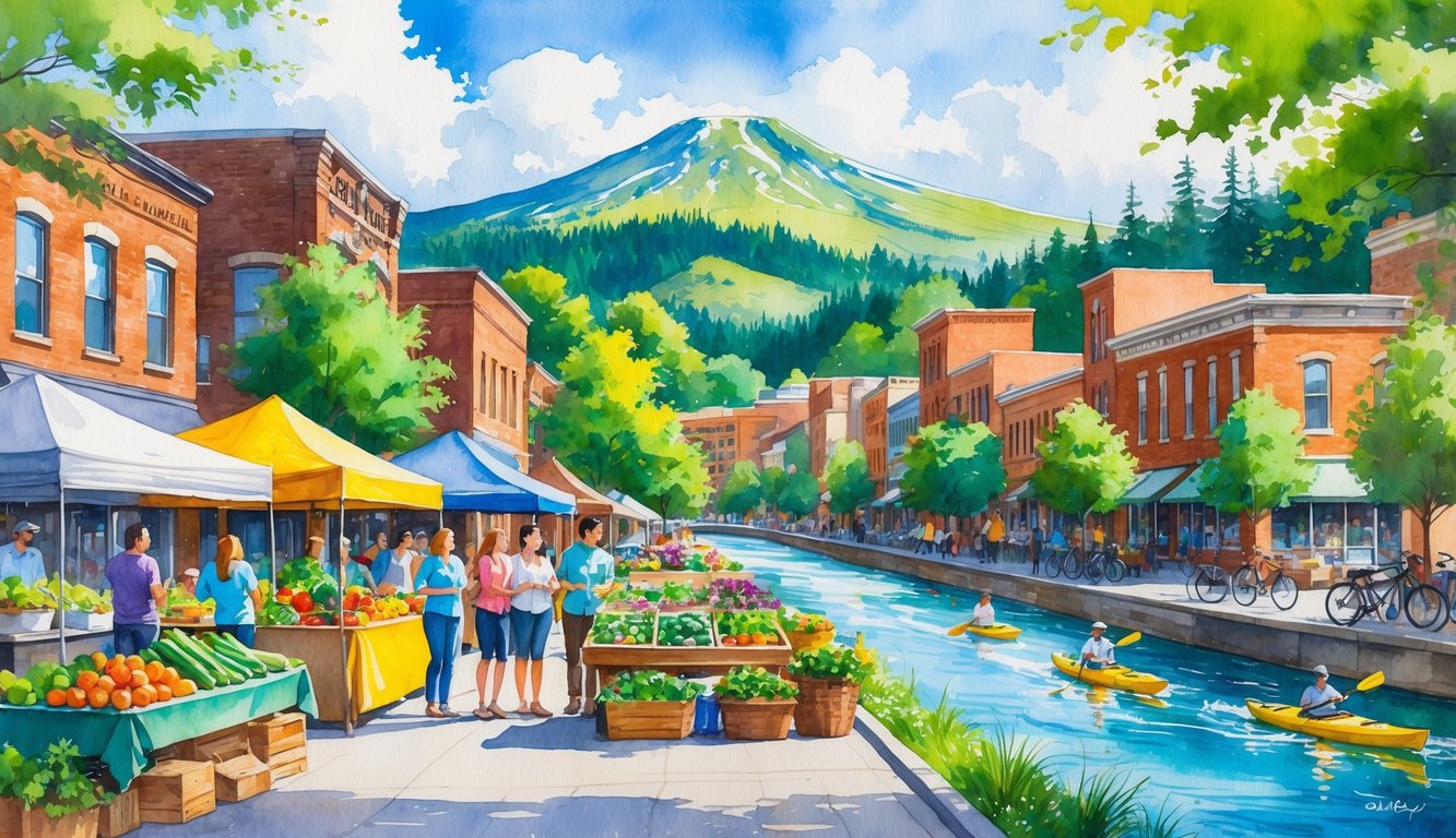 A lively outdoor market near a river with people, trees, mountains, and city buildings in the background.