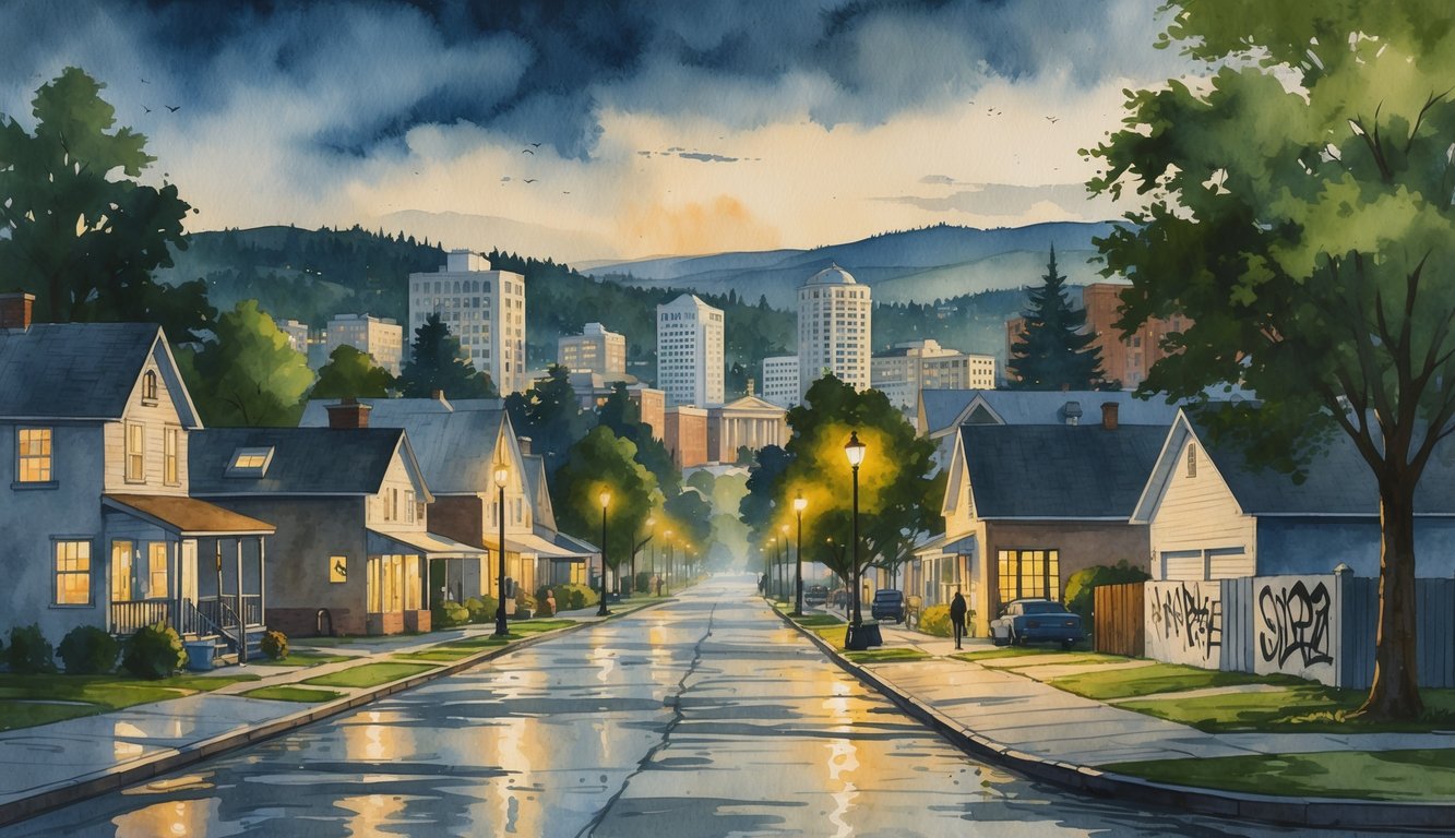 Cityscape of Eugene, Oregon at dusk showing residential houses, university buildings, streetlights, trees, and hills with subtle shadows and a cloudy sky.