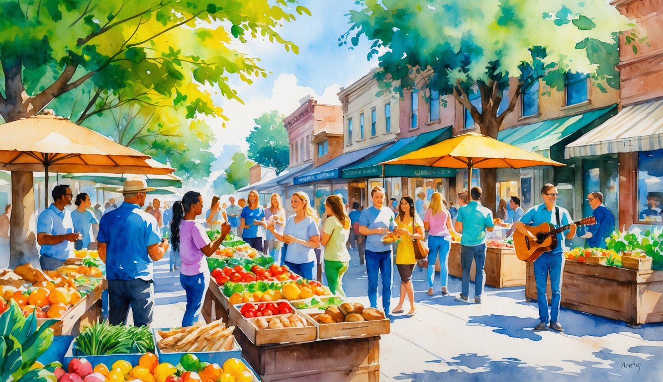 A lively outdoor market with people enjoying fresh food and live music on a tree-lined street in Eugene, Oregon.
