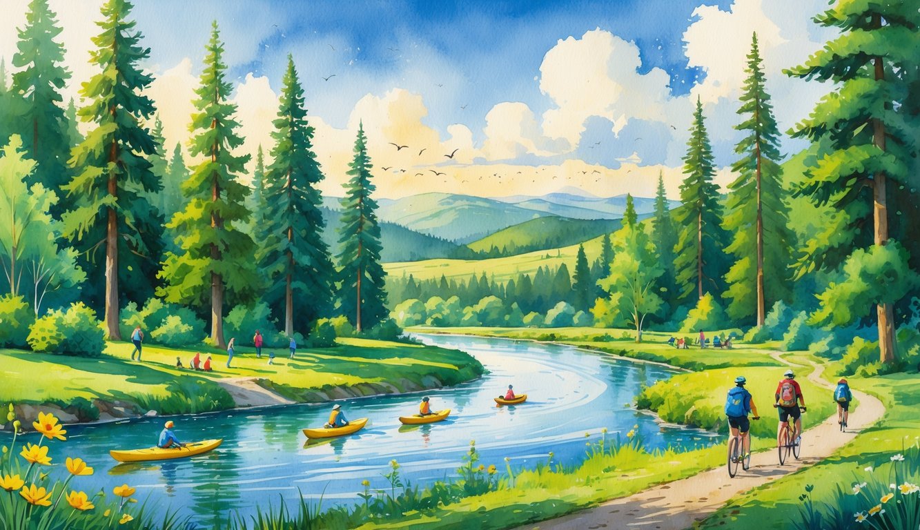 A scenic outdoor scene with people hiking, kayaking, cycling, and picnicking near a river surrounded by trees, hills, and mountains.