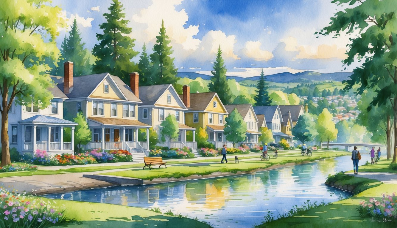 A peaceful neighborhood with houses, trees, a river, and people enjoying outdoor activities in a scenic natural setting.