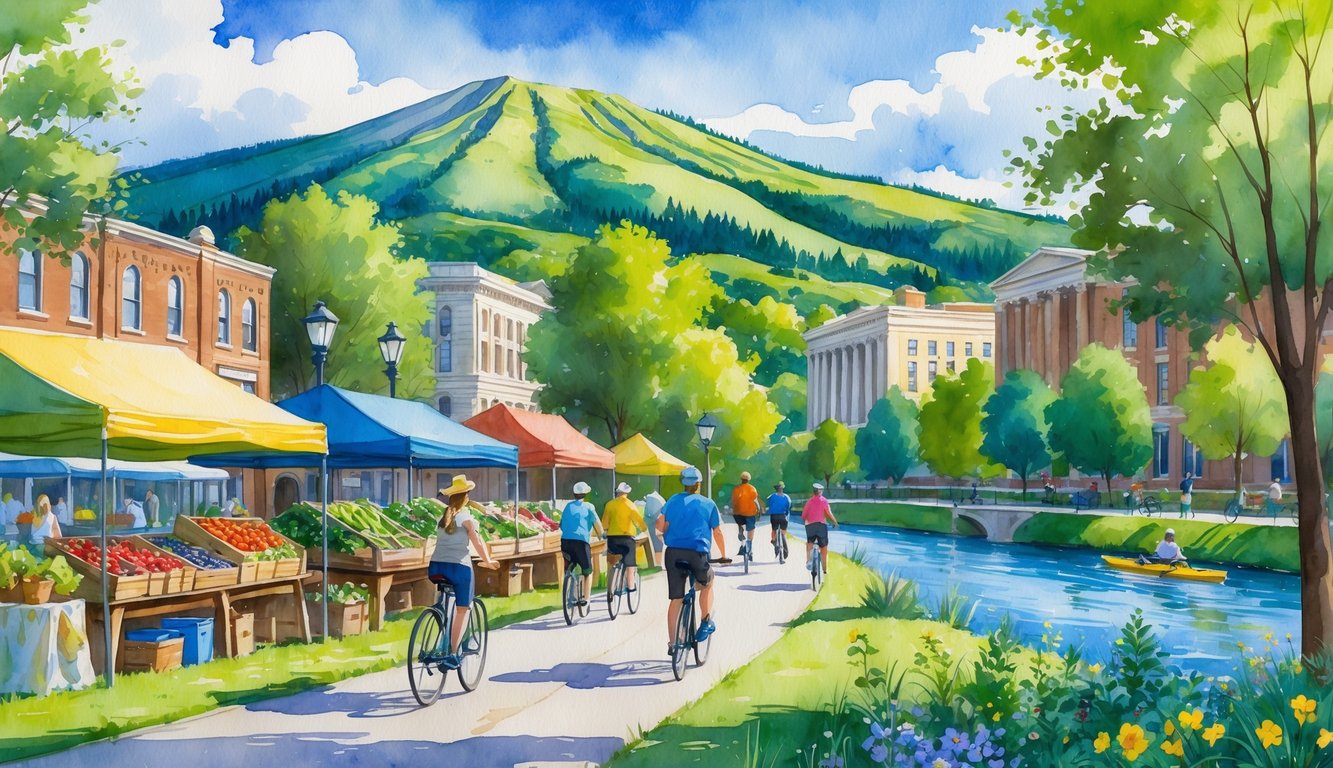 A scenic view of Mount Pisgah with green hills, a farmers market with fresh produce, cyclists on a tree-lined path, historic university buildings, and people kayaking on a river.