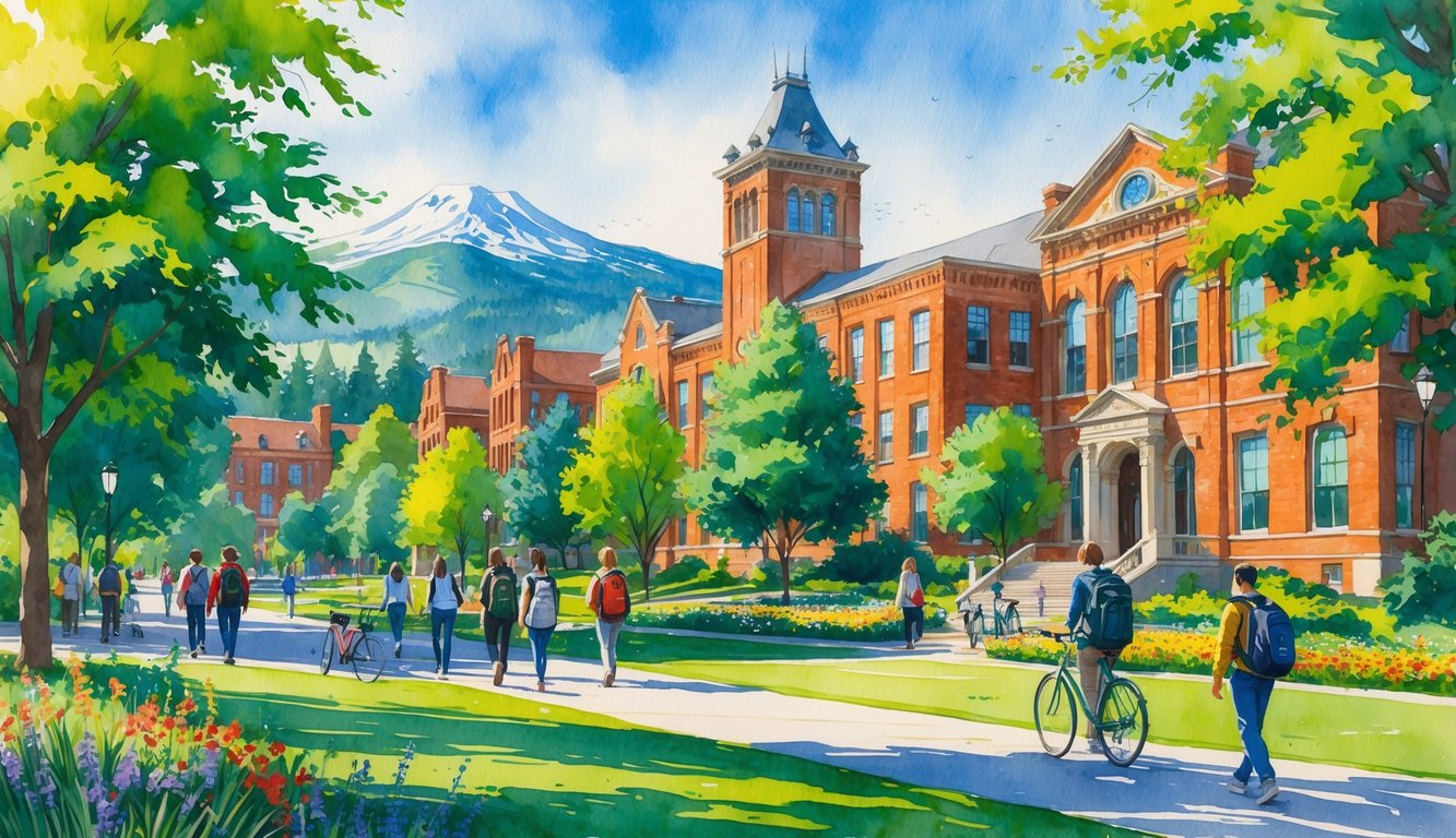 A lively university campus with students walking and studying outdoors, surrounded by green trees and mountains in the background.