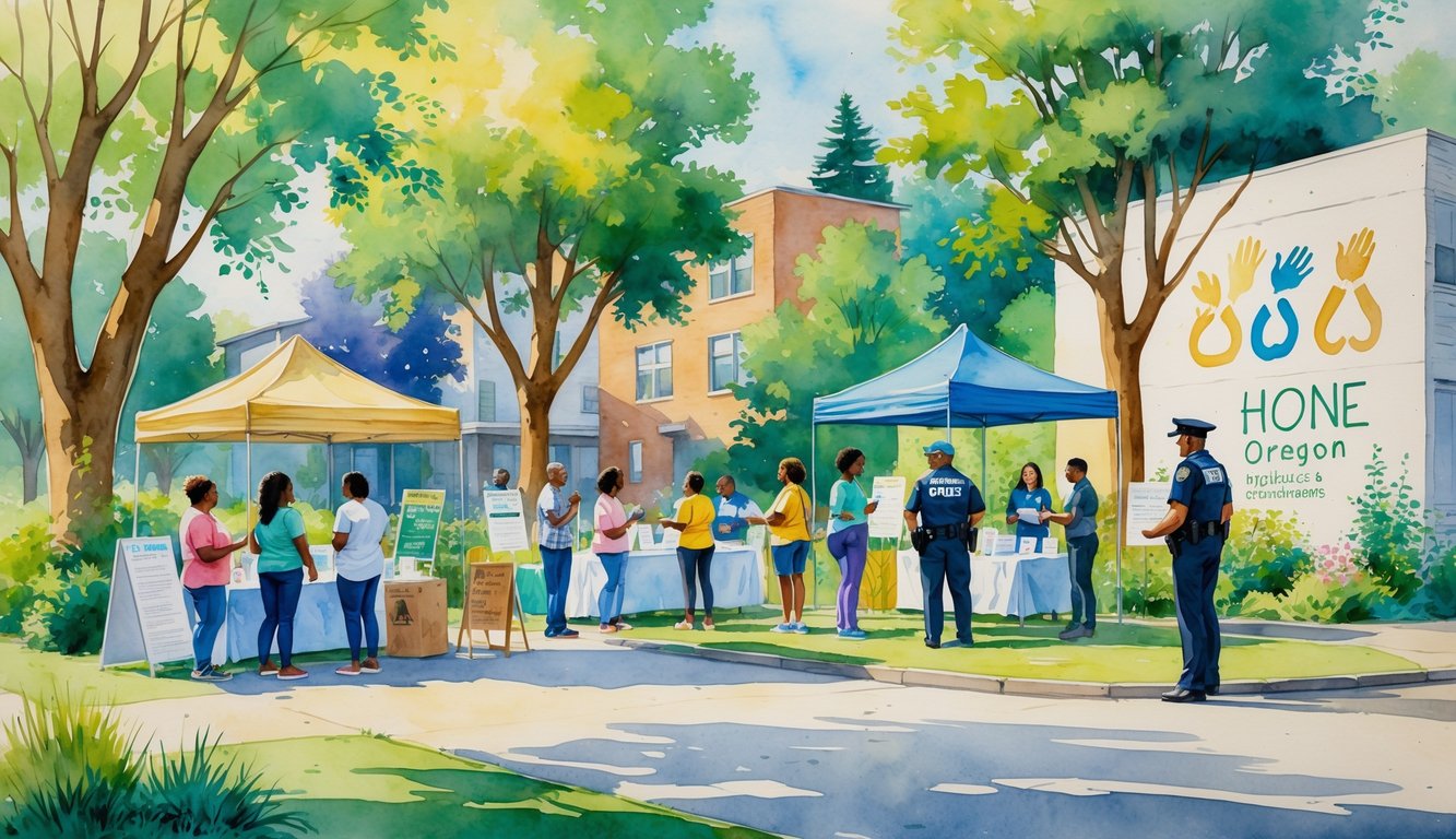 People gathered outdoors in a park in Eugene, Oregon, participating in a community meeting with volunteers, police, and a mural symbolizing hope and unity.